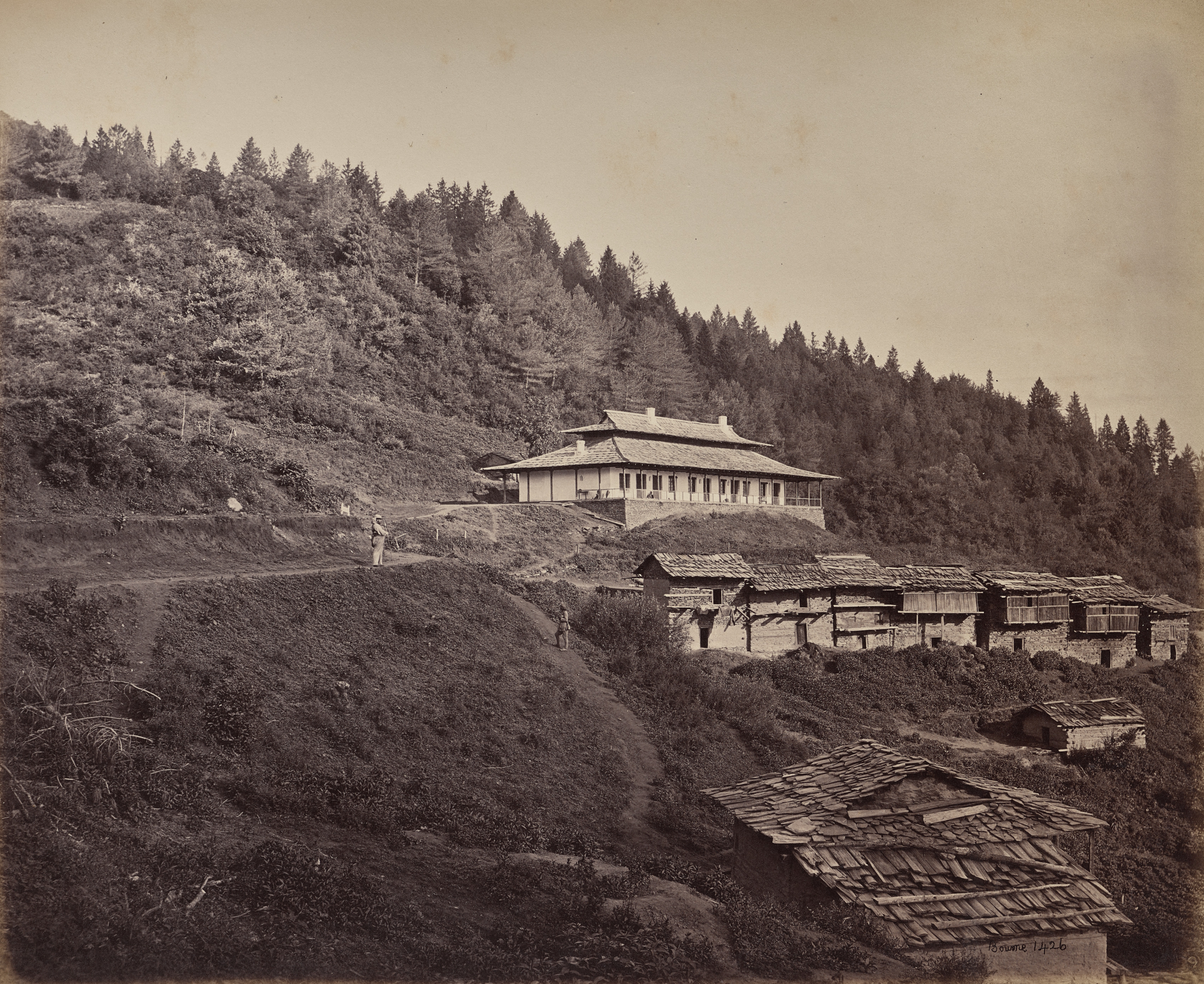 Samuel Bourne, The Upper Himmalayahs. Village of Harkundu with Traveller's Bungalow in Rest-House