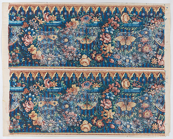 Anonymous, Sheet with two borders with lace atop floral wreaths and butterflies