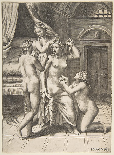Giulio Bonasone, The toilet of Psyche who is seated in the centre being attended to