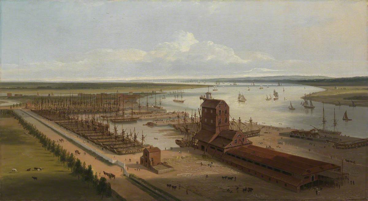 William Daniell, The Mast House and Brunswick Dock at Blackwall