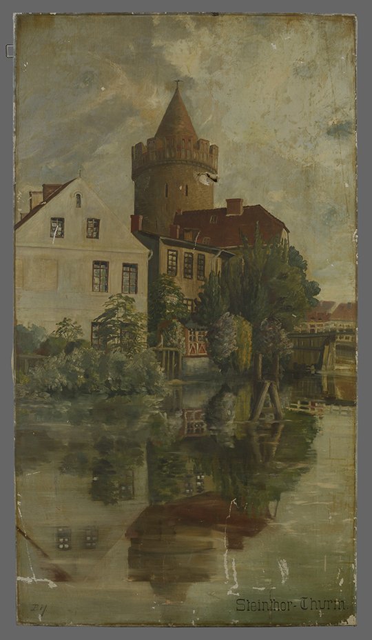 Paul Hildebrandt, Steintorturm hinter der Uferbebauung über den Stadtkanal, 1930er Jahre