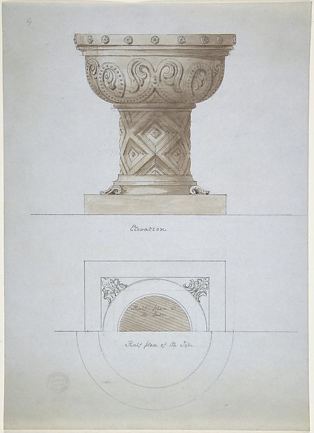 Anonymous, British, 19th century, Romanesque Style Font and Plan