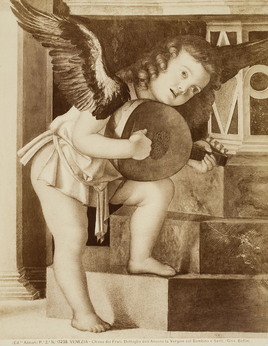 Fratelli Alinari, Musizierender Engel, Ausschnitt aus dem Altarbild "Thronende Madonna mit Kind und Heiligen" von Giovanni Bellini (Frari-Triptychon), S. Maria Gloriosa dei Frari, Venedig