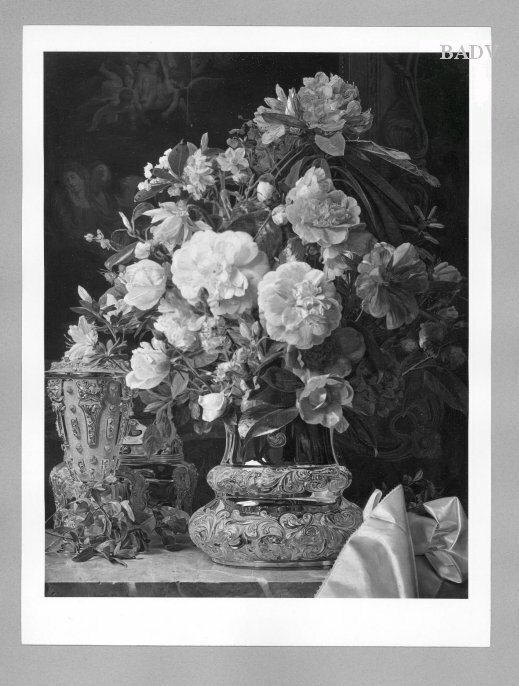 Ferdinand Georg Waldmüller, flower-stillife, silver cup and vase on a table