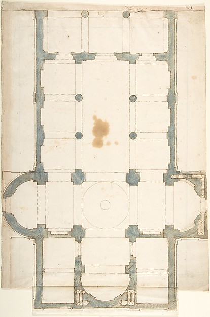 Anonymous, Italian, 16th century, Plan for a Church with a Nave (recto); Framing Outlines (verso)