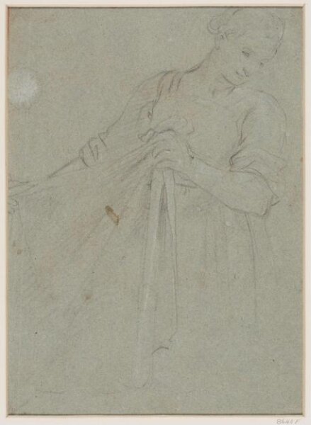 Unknown, A young woman, half length, holding up a piece of cloth; probably a study for a figure in a Birth of the Virgin
