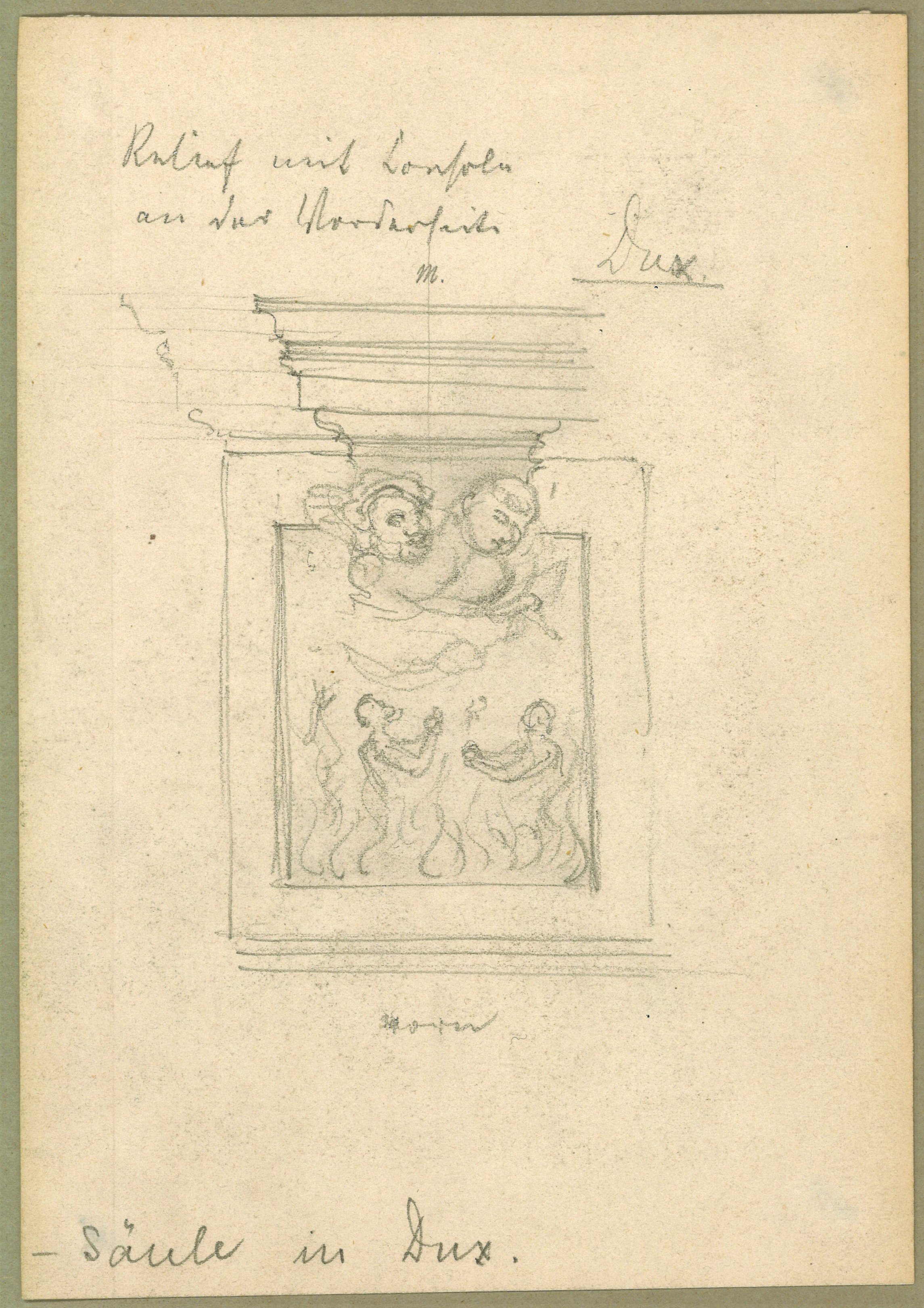 Adolph Doebber, Dux (Böhmen) [Duchcov]: Dreifaltigkeitssäule, Relief mit Konsole an der Vorderseite