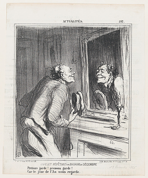 Honoré Daumier, The concierge rehearsing his December smile: Take care! take care! For New Year's Day is approaching!, from 'News of the day,' published in Le Charivari, December 13, 1866