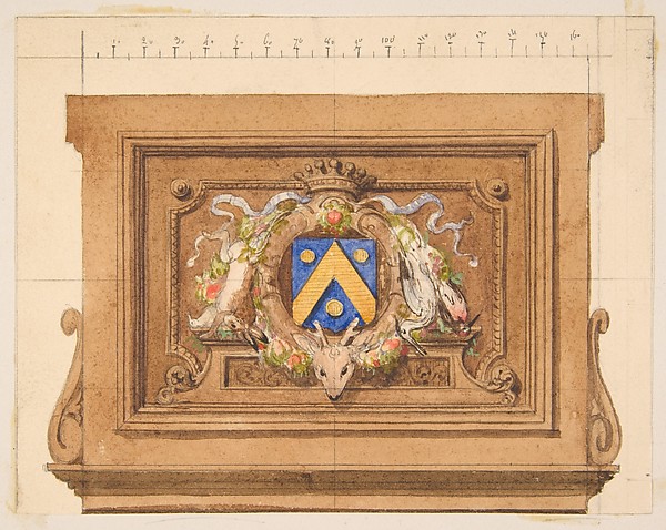 Jules-Edmond-Charles Lachaise, Design of a decorative panel featuring hunting trophies, a shield, and a crown