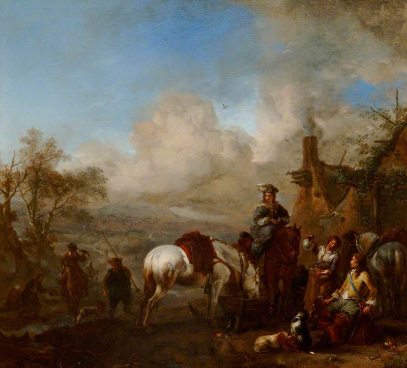 Philips Wouwerman, A Hawking Party Resting outside an Inn