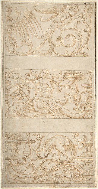 Anonymous, Italian, 16th century, Antique-Style Ornamental Frieze Designs: Grotesques with Winged Infant, Masks, and Fantastic Animals