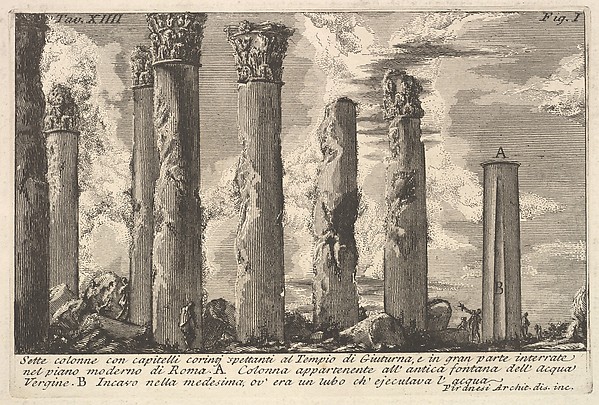 Giovanni Battista Piranesi, Seven columns of the Temple of Juturna with Corinthian capitals . . . (Sette colonne con capitelli corinti spettanti al Tempio di Giuturna . . .)