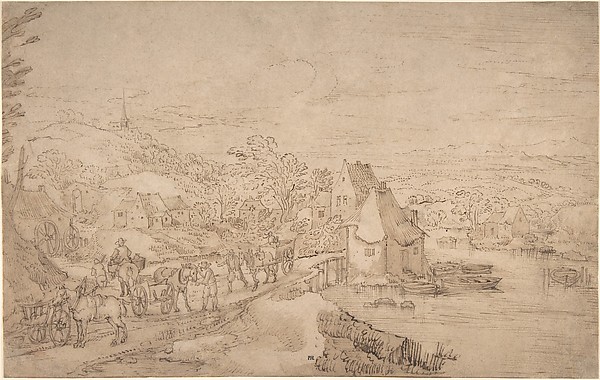 Joos de Momper the Younger, River Landscape with Wagons on a Road near a Village