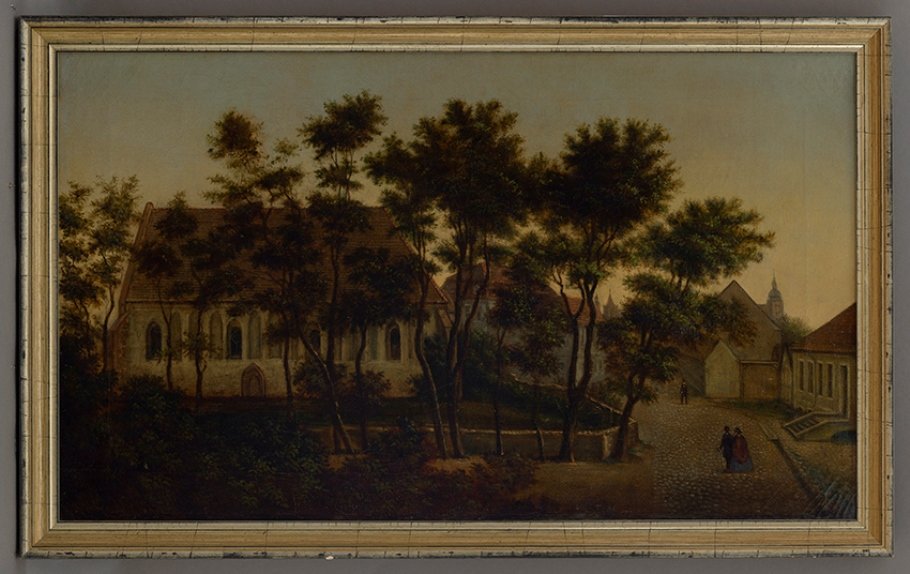 Albert Eisfeld (Maler), Eisfeld, Albert (zugeschrieben): Petrikapelle mit Blick zum Brandenburger Dom, um 1840