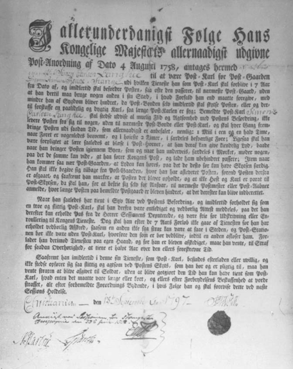 Anno Domkirkeodden, POSTSERTIFIKAT 1779 PÅ SÅSTAD, POSTFØRERSERTIFIKAT