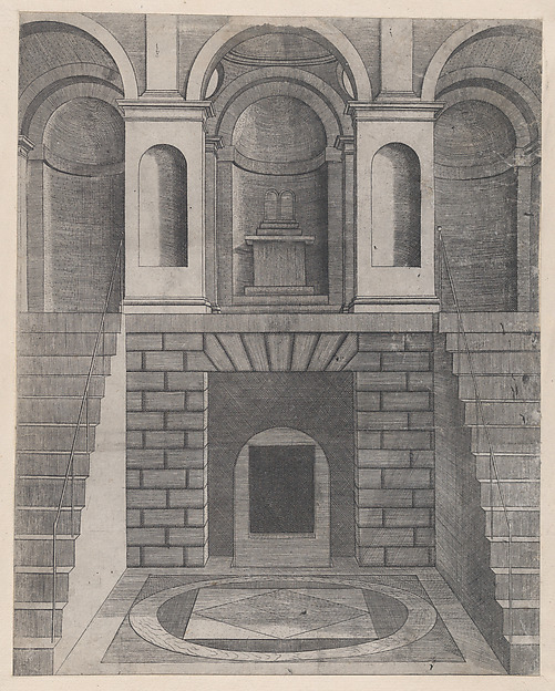 Anonymous, Interior, showing an underground chamber reached by two flights of stairs, one on each side; niches on the landing above, from "Speculum Romanae Magnificentiae"