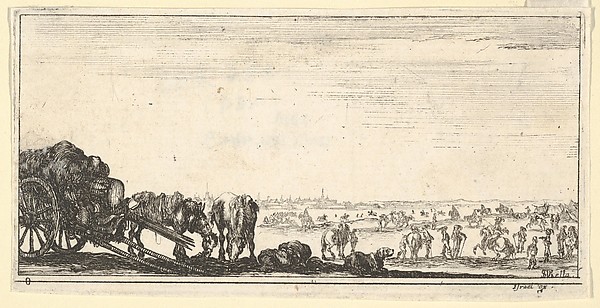 Stefano della Bella, Plate 8: a chariot and two horses to left, a dog in center, various horses and soldiers in the background, from "Troops, cannons, and attacks on towns" (Dessins de quelques conduites de troupes, canons, et ataques de villes)
