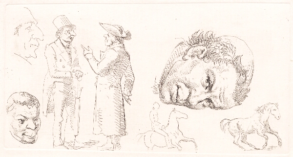 Wilhelm Marstrand, Andet prøveblad i stylografi med munkehoved, heste m.m.