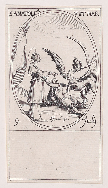 Jacques Callot, Ste. Anatolie, vierge et martyre (St. Anatolia, Virgin and Martyr), July 9th, from "Les Images De Tous Les Saincts et Saintes de L'Année" (Images of All of the Saints and Religious Events of the Year)