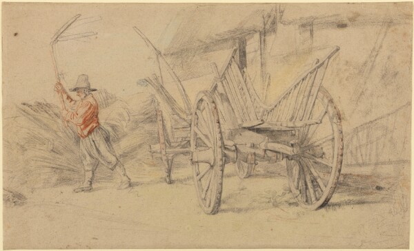 Peter Paul Rubens, A Man Threshing Beside a Wagon, Farm Buildings Behind