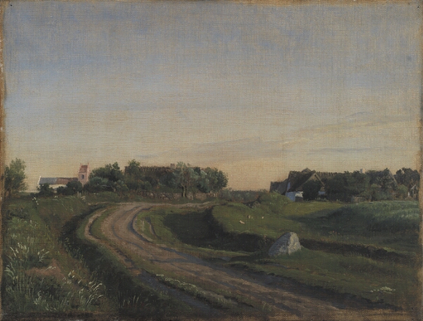 P.C. Skovgaard, Vejby med kirken set fra nord. Aftenbelysning