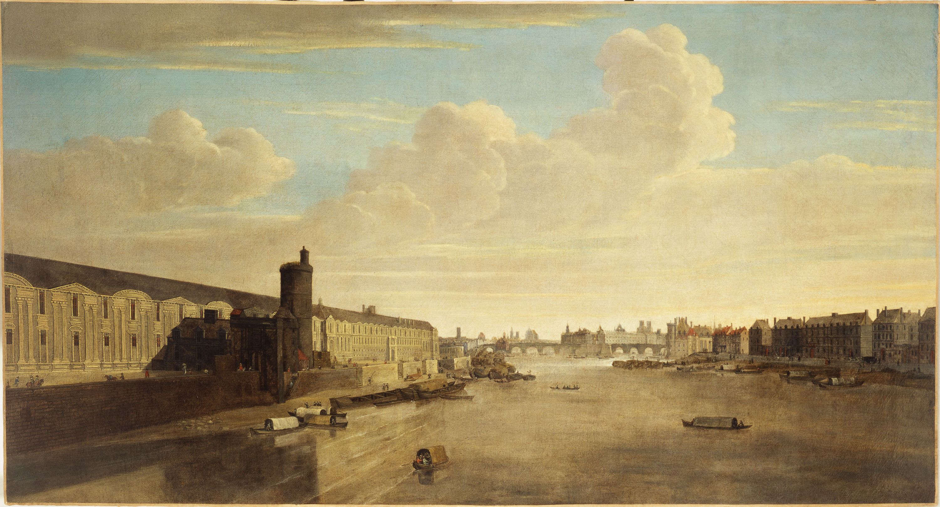 Anonyme, La Grande Galerie du Louvre, avec la porte Neuve, le Pont-Neuf, la Cité, la Tour de Nesle et le Quai Malaquais, vers 1640