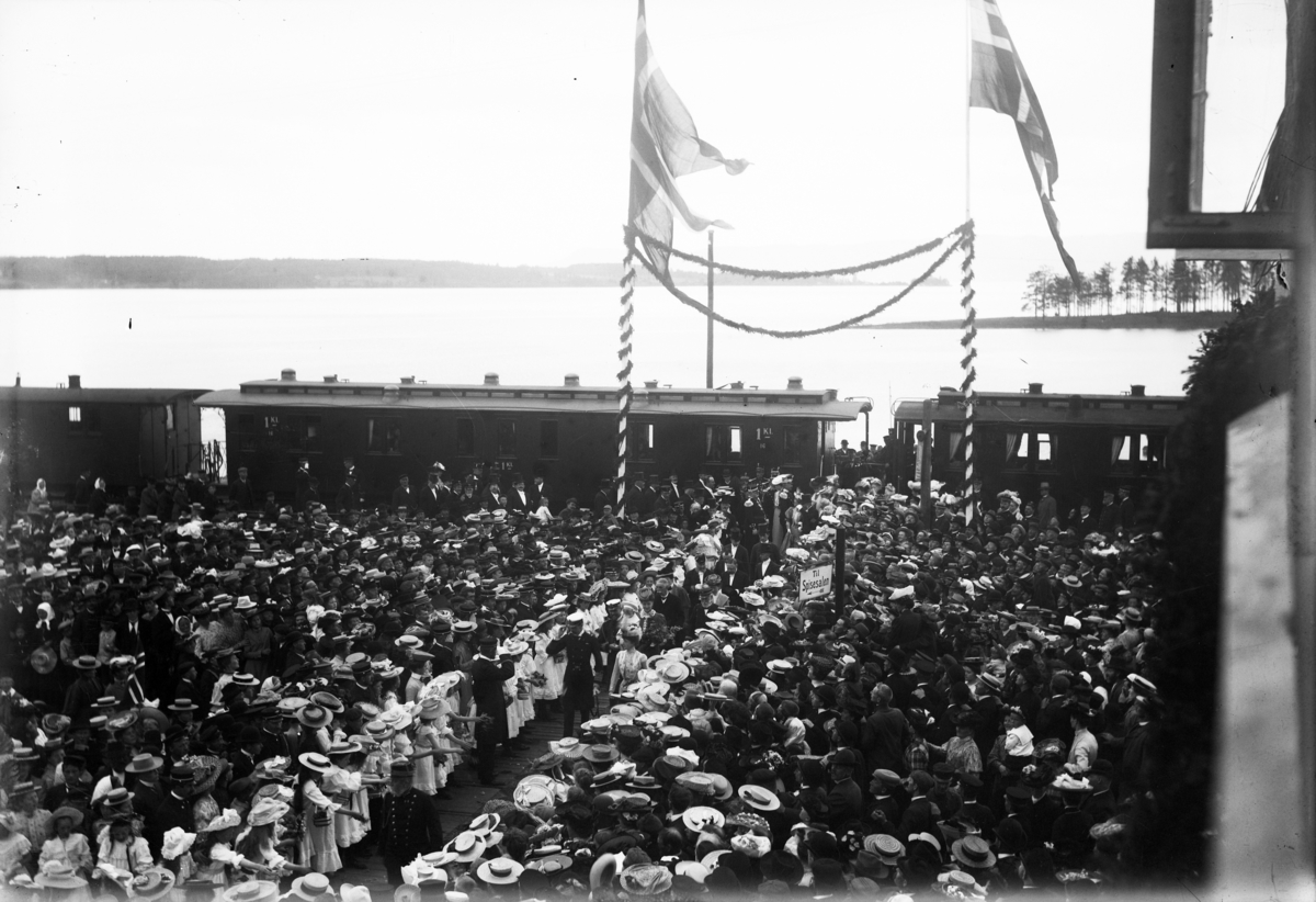 Johannes Larsen Alhaug, Stor menneskemengde samlet på Hamar stasjon for å hilse Kong Haakon og Dronning Maud velkommen under kroningsferden i 1906.