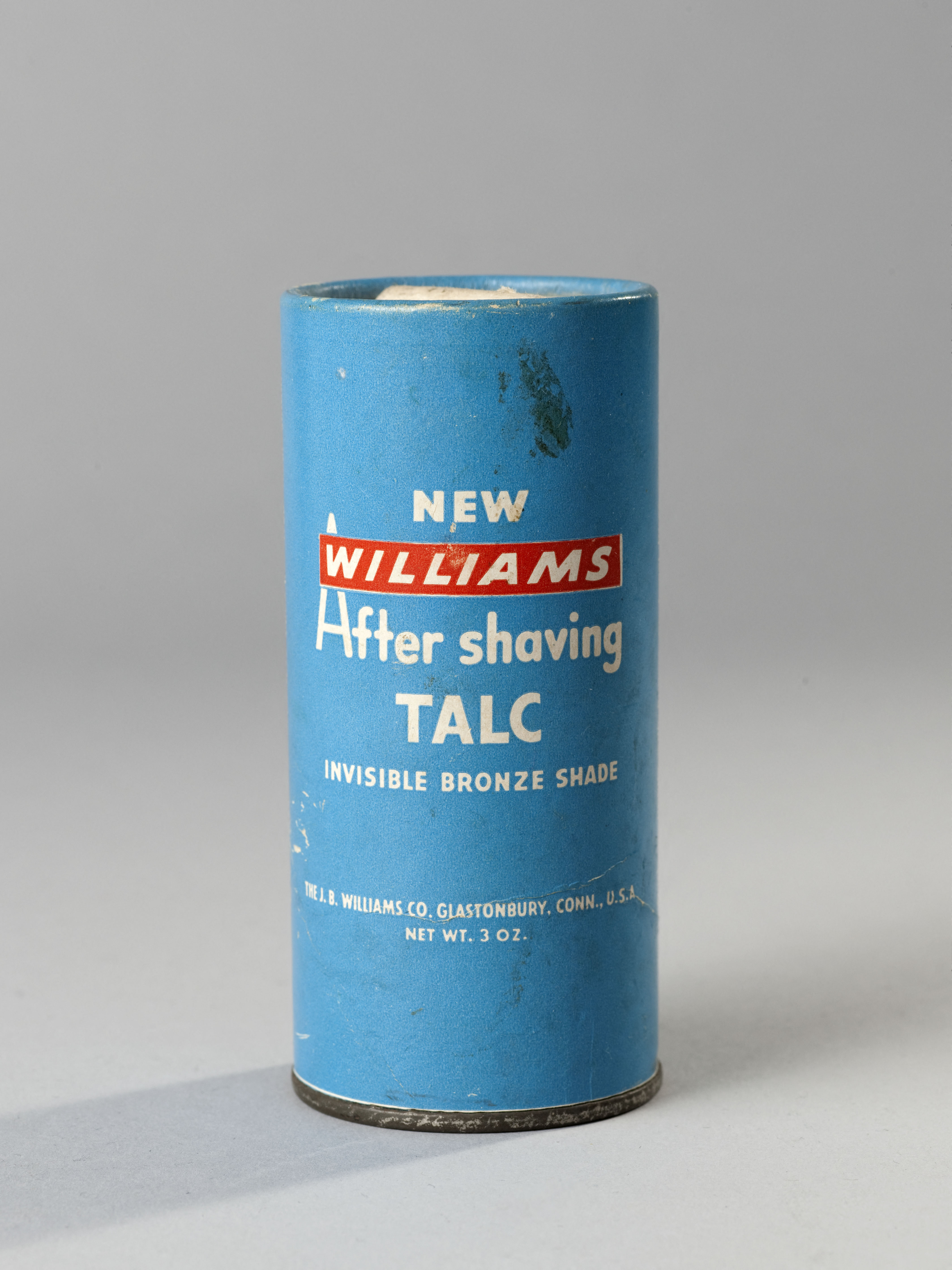 J. B. Williams CO. Glastonbury. Conn., Boîte de talc après-rasage de la marque américaine Williams