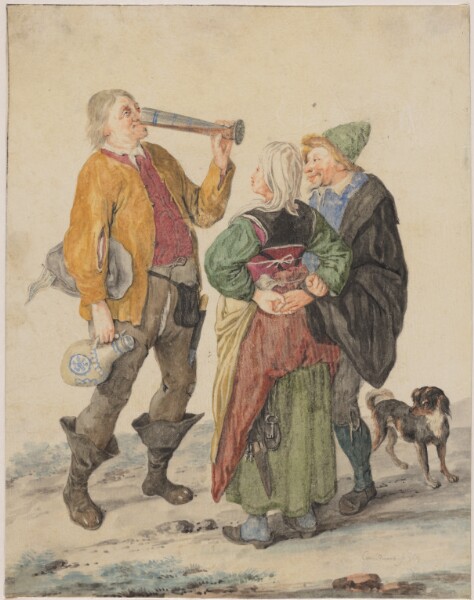 Cornelis Dusart, Drinking Man Observed by a Couple and a Dog