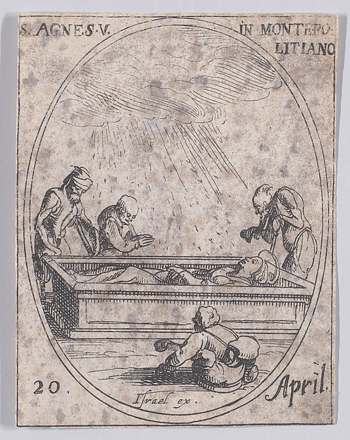 Jacques Callot, Ste. Agnès de Montepulciano (St. Agnes of Montepulciano), April 20th, from "Les Images De Tous Les Saincts et Saintes de L'Année" (Images of All of the Saints and Religious Events of the Year)