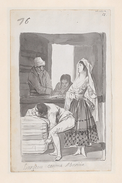 Goya (Francisco de Goya y Lucientes), Generosity versus Greed; a woman and three men conducting a transaction inside a shop; folio 76 (recto) from the Madrid Album "B"