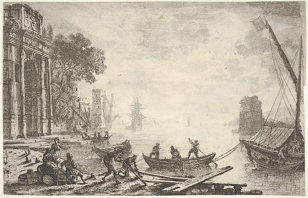 Claude Lorrain (Claude Gellée), Harbor with rising sun, figures in foreground, colonnade on left