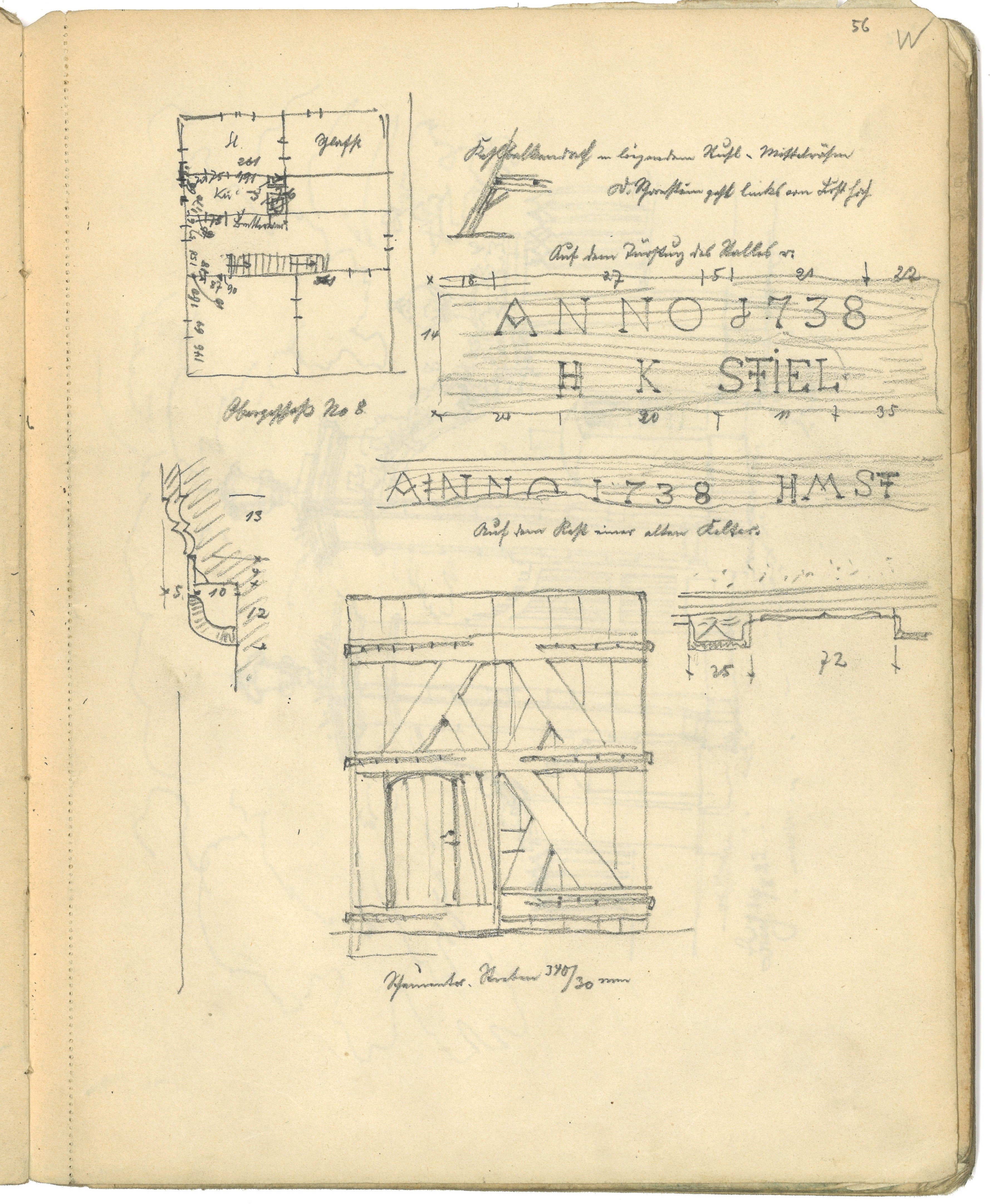 Otto Stiehl, Wiesbaden-Naurod (?): Obergasse 8, Obergeschoss-Grundriss und Baudetails