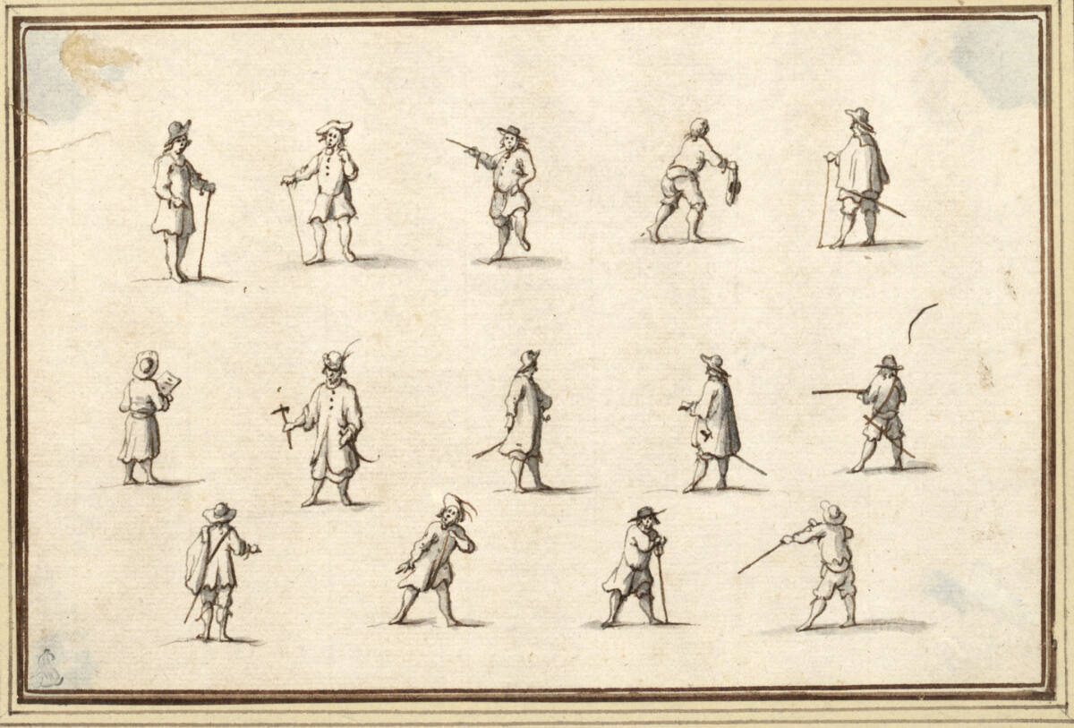 AlbertFlamen, Studienblatt mit vierzehn männlichen Figuren, teilweise Soldaten (V-8)