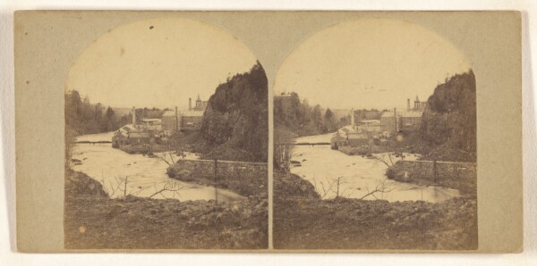 New York Stereoscopic Company, Passaic Falls, Paterson, N.J. View to the east of the Falls, showing the Rapids below, with Mills in the distance.