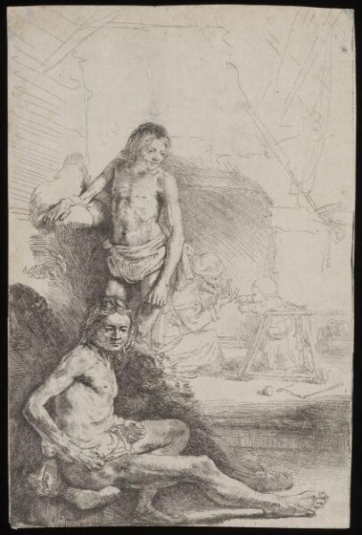 Rembrandt van Rijn, Nude man seated and another standing, with a woman and a baby lightly etched in the background