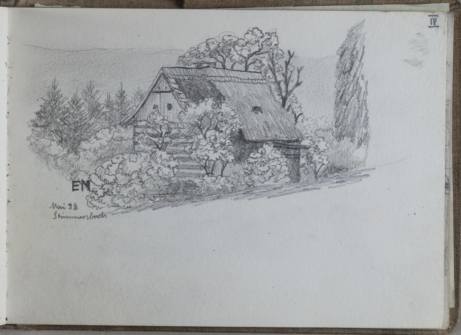 Ernst Morgenstern, Stimmersbach (Sächsisch-Böhmische Schweiz): Holzhaus am Hang (Skizzenbuch Ernst Morgenstern, Bl. IV)