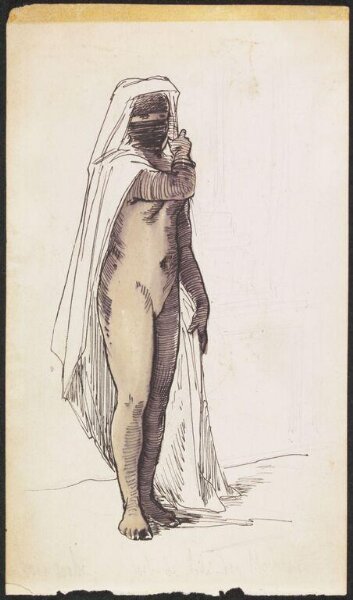 Unknown, Figure of an Arab Girl, standing, naked except for her veil. On the back, sketch of a girl carrying a water jar