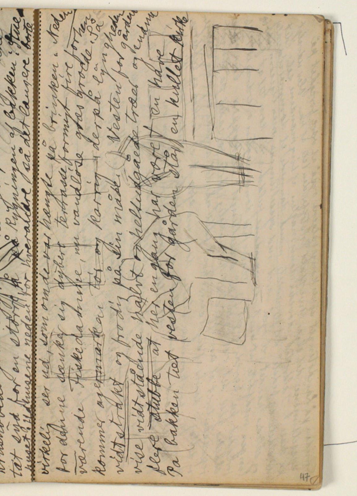 Niels Larsen Stevns, Afskrift fra Blichers novelle "Bettefanden", p. 117 l.17-24, p. 118 l. 7-8, 18-19 & 25, p. 120 l. 26-33, under skriften figurskitser. Fortsætter over midten