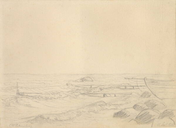 C.W. Eckersberg, Strandparti med bølger, der står ind mod sten og en badebro.