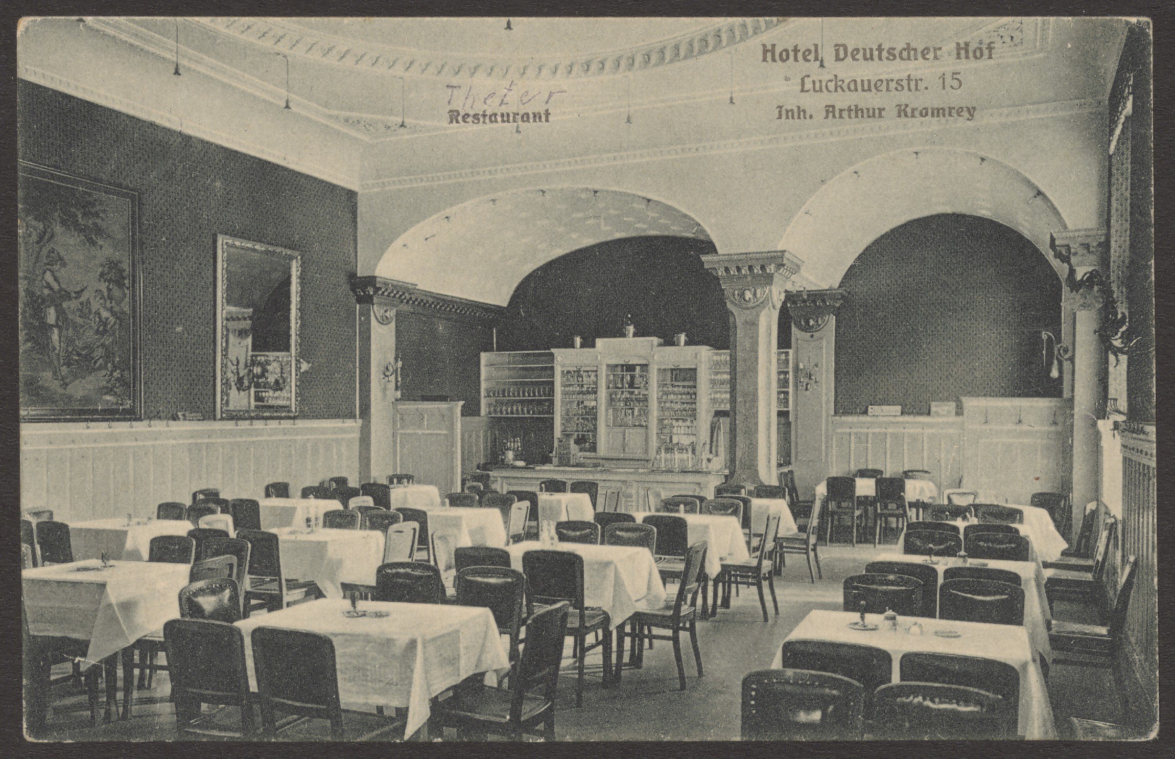 Kunstverlag J. Goldiner, Ansichtskarte Restaurant "Hotel Deutscher Hof", Luckauer Straße 15 [1/2]