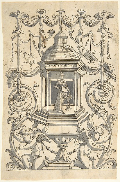 Anonymous, Italian, 16th century, Grotesque with a Female Figure (Minerva?) in a Temple-like Structure with a Cupola