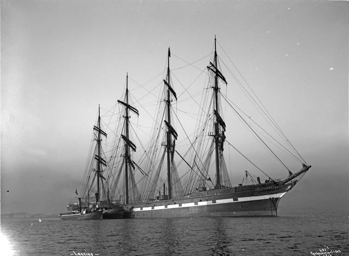 Anders Beer Wilse, Lancing (b. 1866, R. Napier & Sons, Glasgow), 4-mastet skip, Norges største, 409" lang, 44" bred, 2546 tonns