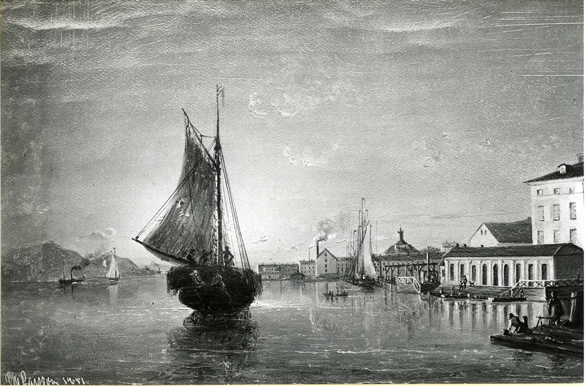 Okänd fotograf, Utsikt åt Kungsholmen och Röda bodarna. Oljemålning 1851. Storlek 21 x 32 cm.