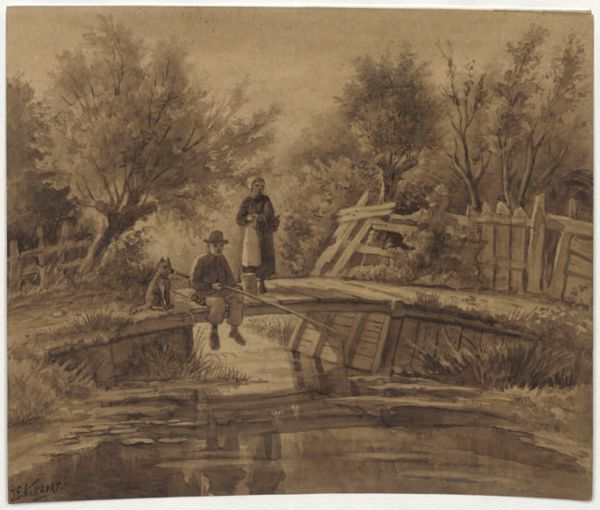 Kikkert, Jan Elias, (1843-1925), (artist), Boy and his dog fishing on a bridge