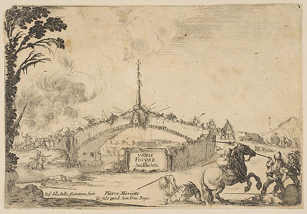 Stefano della Bella, Combat on a bridge, a horseman and two footsoldiers battle with swords at bottom right, one footsoldier on the ground to left of the horseman, various soldiers with swords on the bridge in the background, French coat of arms displayed in center of bridge, title page of "Varie figure"