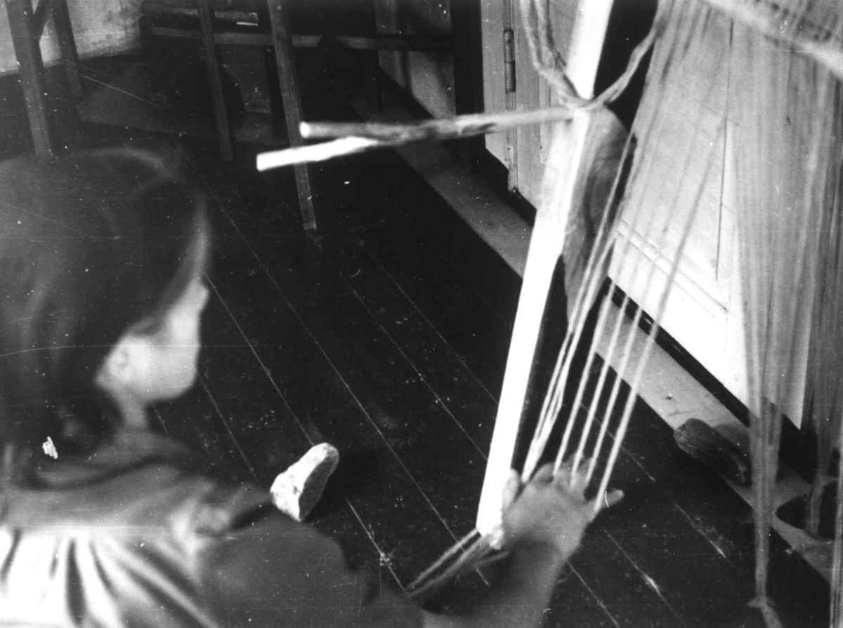 Anna Grostøl, Greneveving. Steinlodd skal knyttes på nederste del av renningen. Lyngen, Troms 1947.
