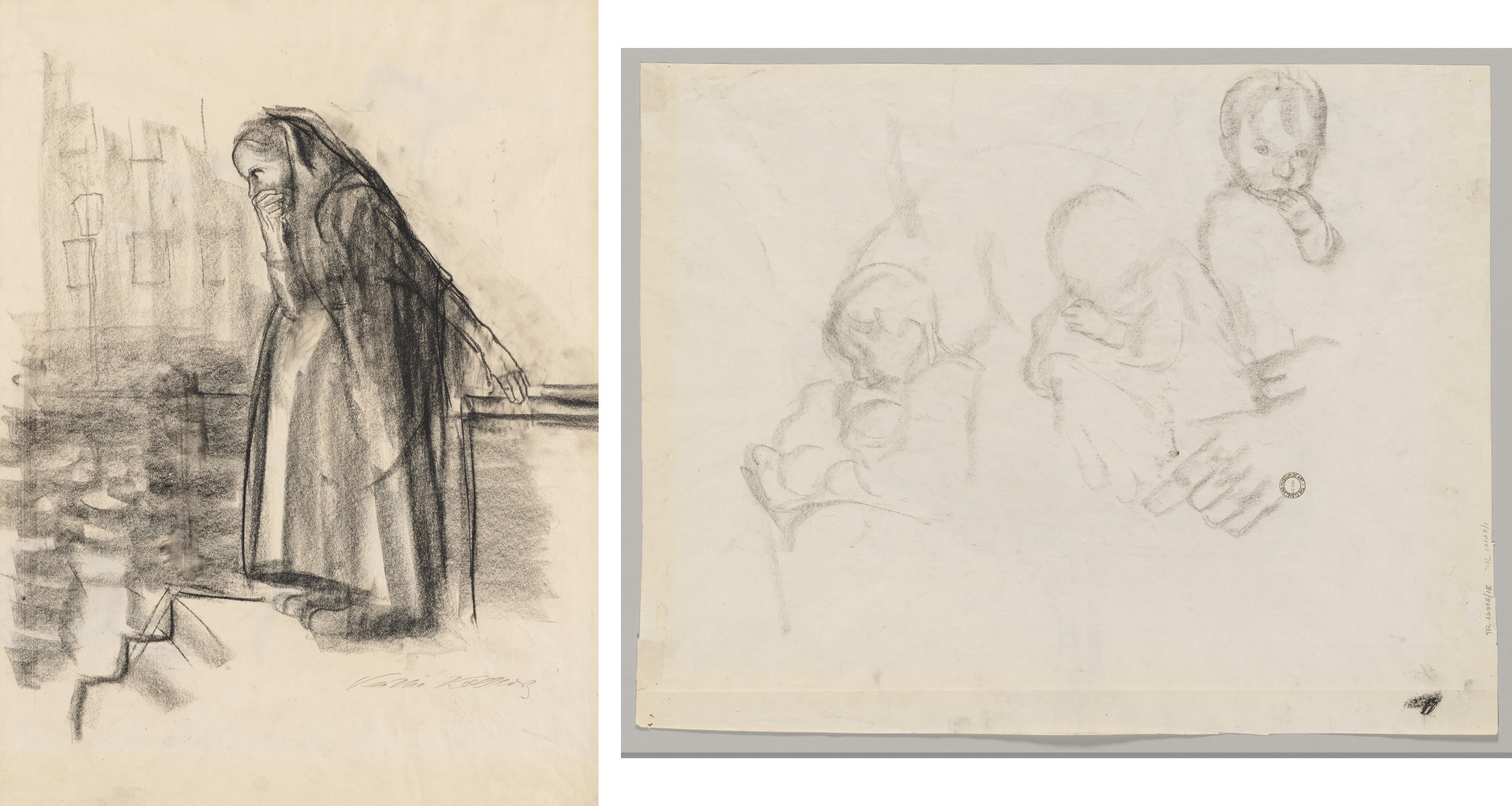 Käthe Kollwitz, Pregnant Woman Contemplating Suicide (recto) Three Studies of a Child (verso)