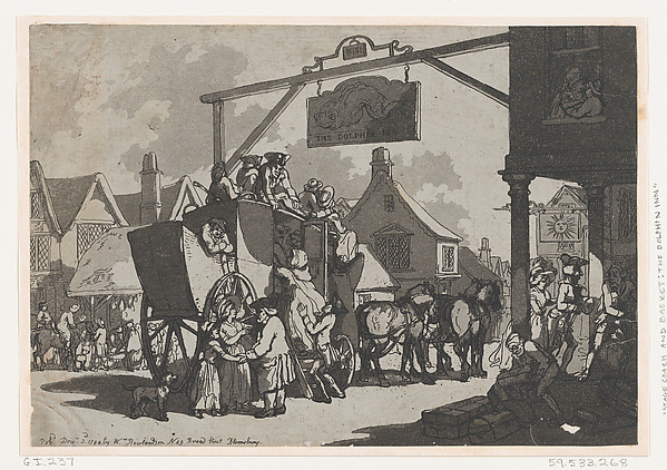 Thomas Rowlandson, Stage Coach Setting Down at the Dolphin Inn
