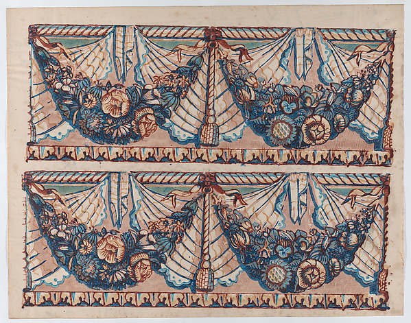 Anonymous, Sheet with a two borders with hanging drapery and two blue floral garlands